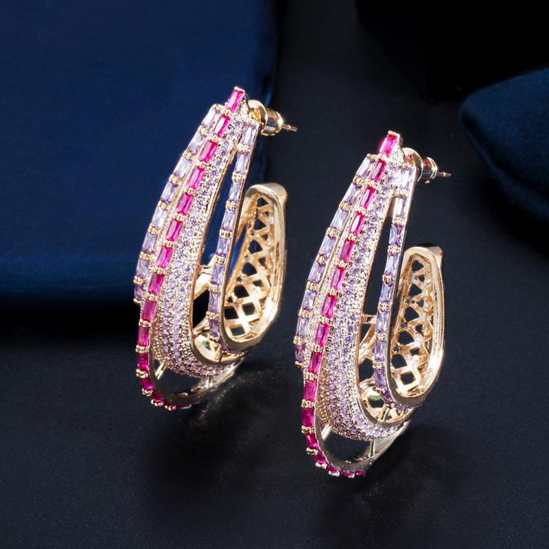 

Dangle & Chandelier ThreeGraces Luxury Pink Cubic Zirconia Crystal Big Hollow Drop Earrings For Women Fashion Wedding Party Jewelry ER467, Silver