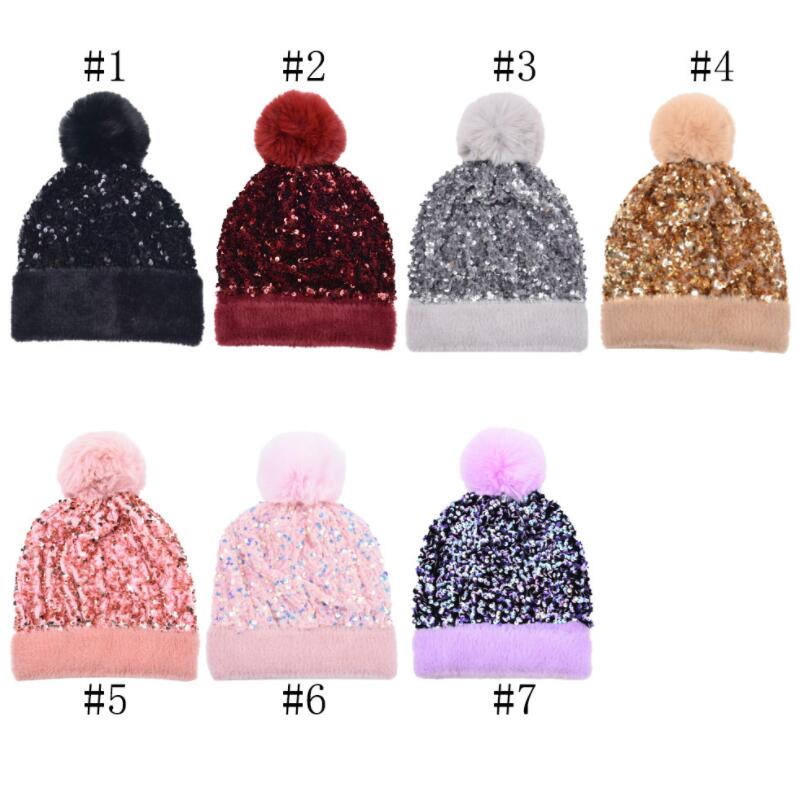 

Women Sequin Knitted Beanie Hat with Faux Fur Pom-Pom Shiny Bling Skull Cap, Mix