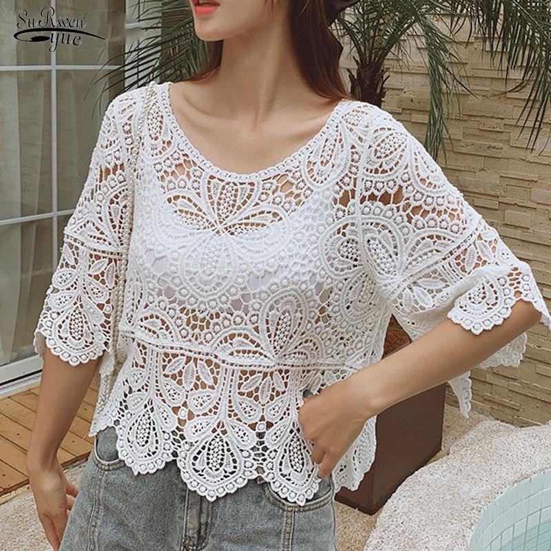 

Women's Blouses & Shirts 2021 Short Sleeve Hollow Out Lace Shirt Women Summer Hook Flower Sunscreen Loose Top Female Woman Blusas 14127, Apricot