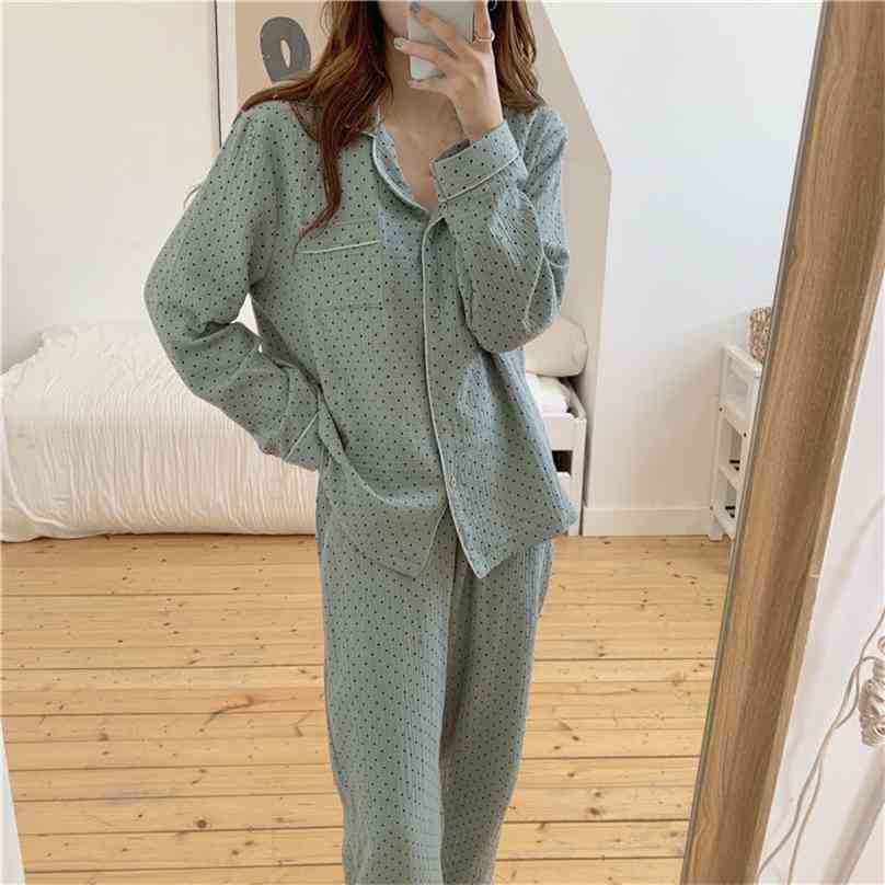 

Gentle Two-Piece Suits Sets Chic Women Polka Dot Sweet Sleepwear Warm Cute Winter Loose Pajamas Home Clothes 210525, Apricot