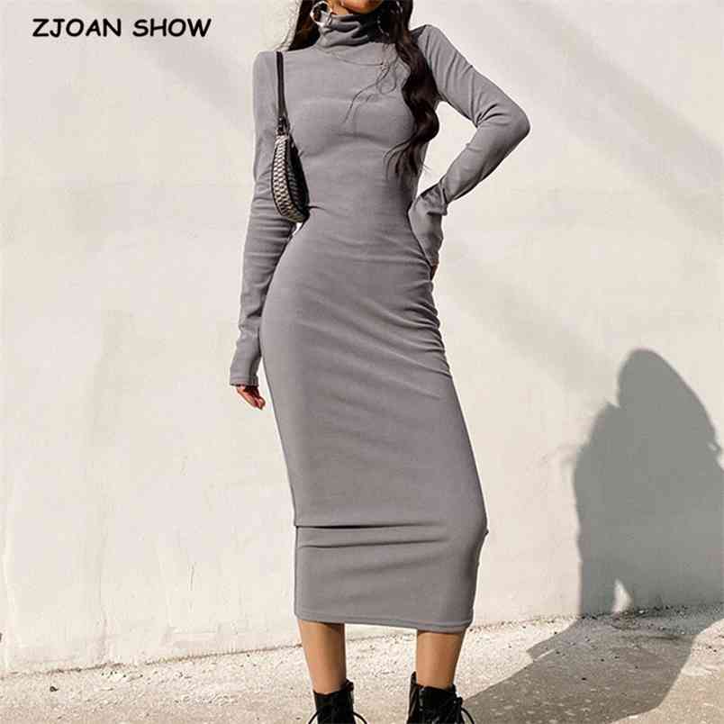 

Autumn Turtleneck Long Sleeve Midi Dress Vintage Slim Package hips Bodycon Women Dresses Casual Fashion 210429, Black