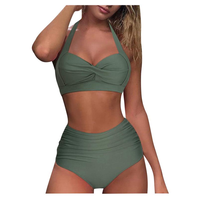 

Women' Swimwear Bikini Women Vintage Swimsuit Two Piece Retro Halter Ruched High Waist Print Set Tankini Girls#5, Red