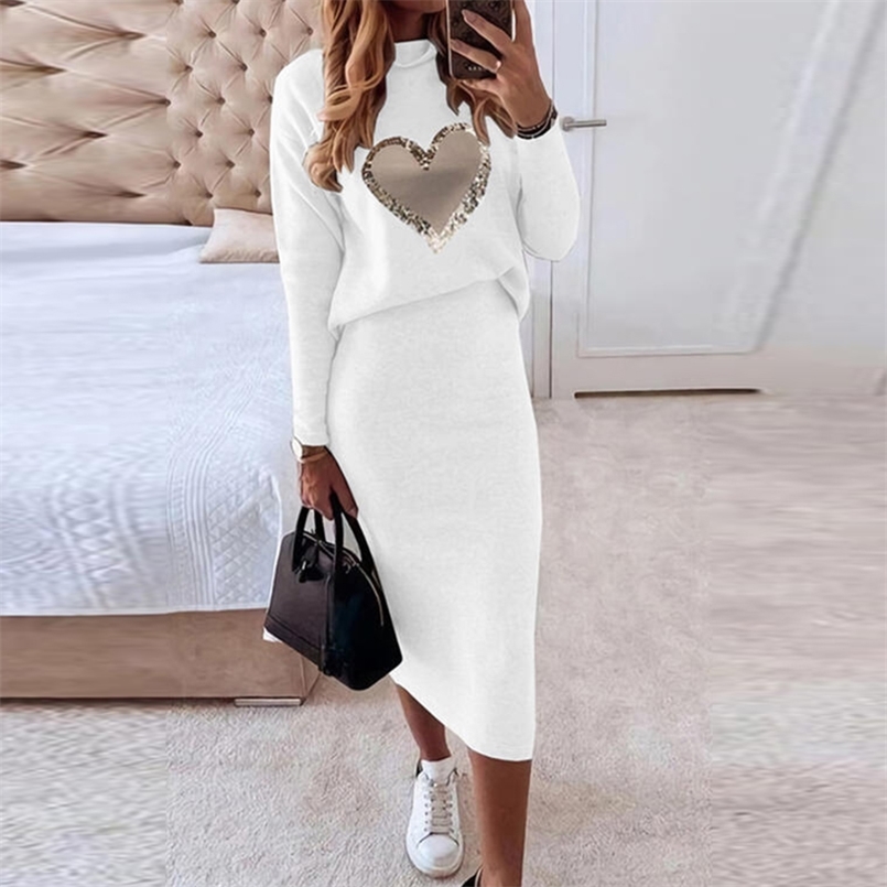 

Autumn Winter Fashion Women 2pcs Suit Office Skirts Set Letter Patchwork Print Pullover & Lady Bodycon Skirt Outfits Sweatshirt 211108, 01 white