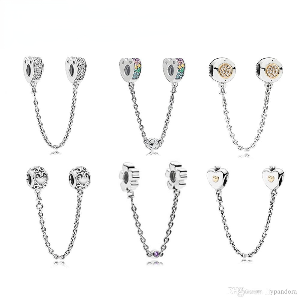 

Genuine S925 Sterling Silver Fit Pandora Pendant Safety Chain Bead Love Heart Blue Turquoise Crysta Charm For Bracelet DIY Beads Charms, Black