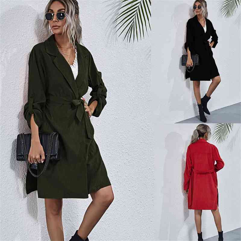 

Women' suit collar sleeve temperament coat solid color waist lace up medium long windbreaker women, Red