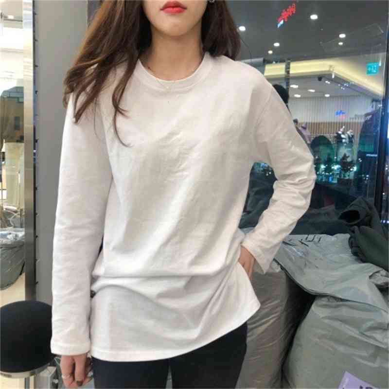 

Spring Solid White Cotton All Match Full O Neck T-shirt Women Tops 210615