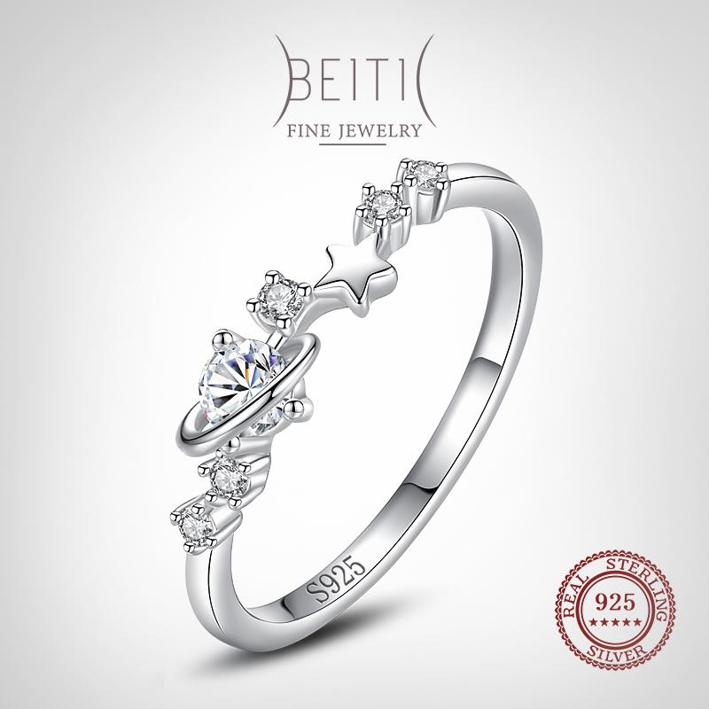 

cluster rings beitil 925 sterling silver shining stars clear zircon finger ring for women simple wedding party fine cz jewelry, Golden;silver