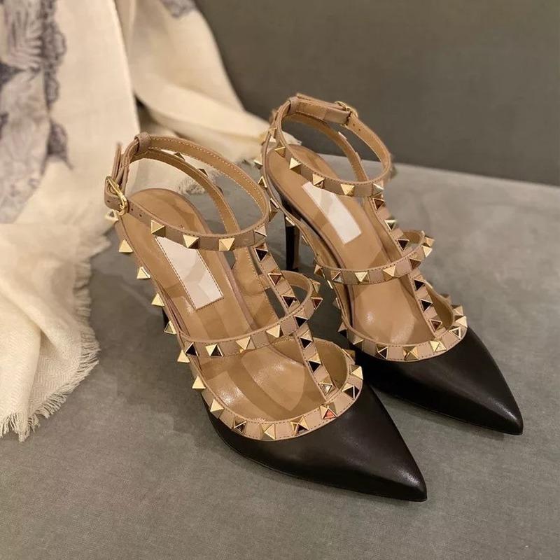 Sandales Summer Net Celebrity All-match Bouche peu profonde Veille à domicile Chaussures à boucle à talons Haute à talons Bracelet pointu oie 34-