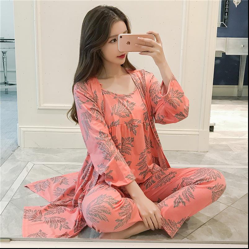 

3pcs cotton womens sleepwears pajama sets spring long sleeve robes femme print sleepwear homewear pijama mujer three piece set, Black;red