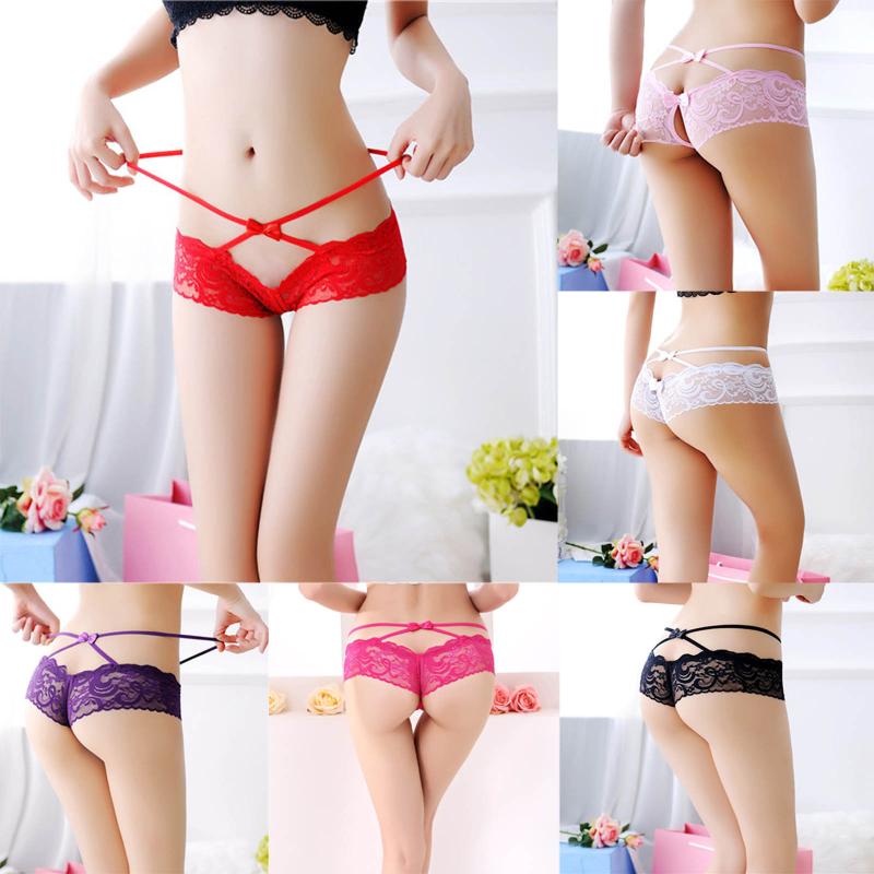 

Women's Panties Women Sexy Lingerie Lace Flowers Bowknot Push Up Transparent Underwear Underpants G-string, Black