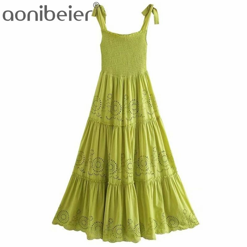 

Fruit Green Long Maxi Dress Summer Tie Shoulder Shirred Body Embroidery Hollow Out Women Ankle Length Cami 210604, Fg