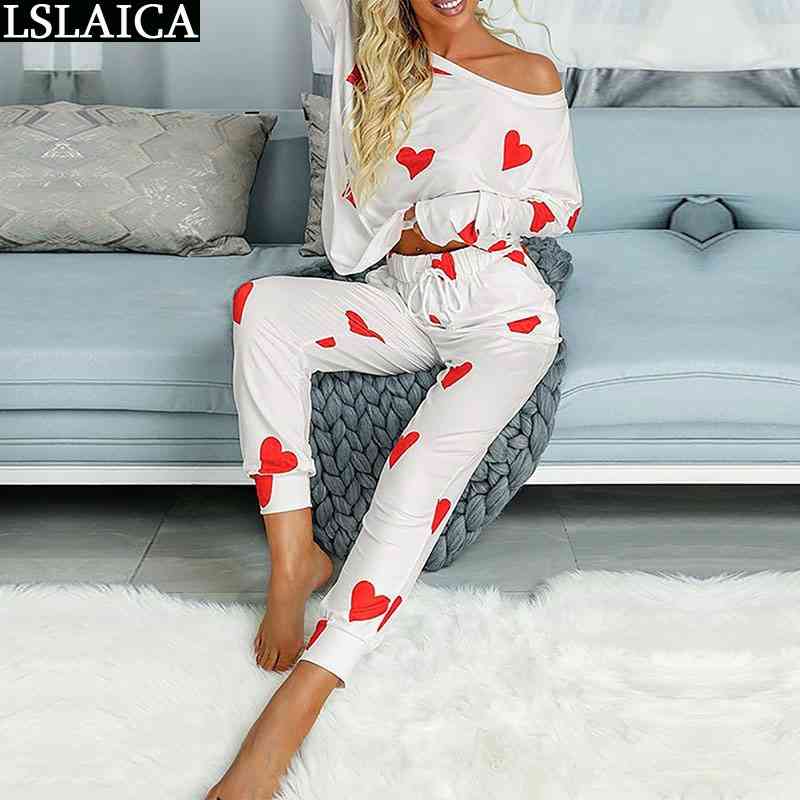 

Two-piece Heart-shaped Printing Home Service 2 Piece Sets Womens Outfits Split Pajamas Slim Fashion Two 210520, Gray
