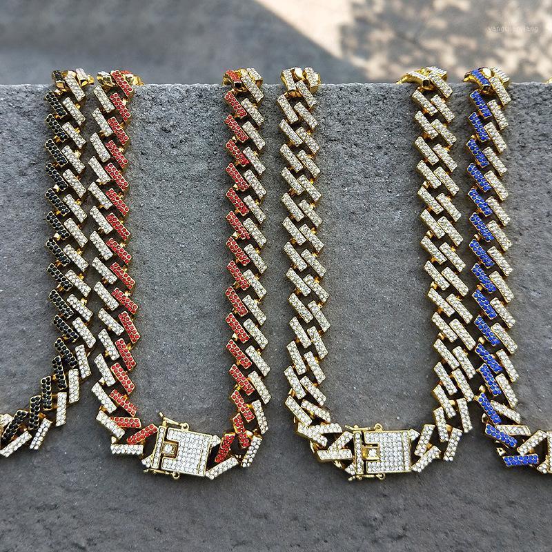 

Chains Hip Hop 15MM Bling Iced Zircon Out Cuban Prong Chain Rhinestone Men's Necklaces Bracelet Miami Rapper For Men Jewelry