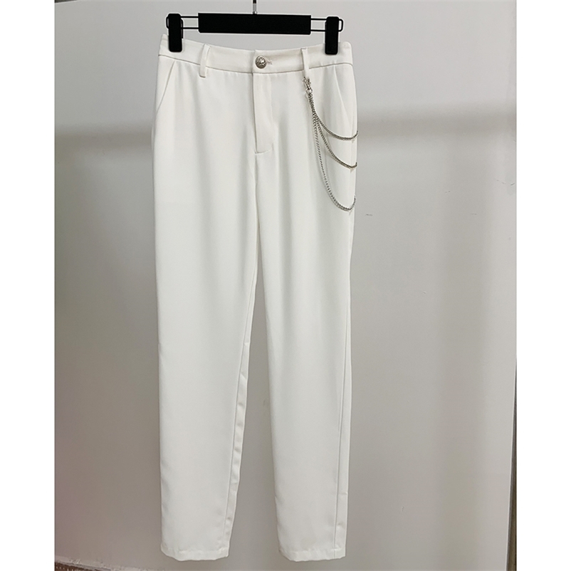 

HIGH STREET Stylish Designer Pants Women's Brief Metal Chain Embellished Trousers 210521, Beige
