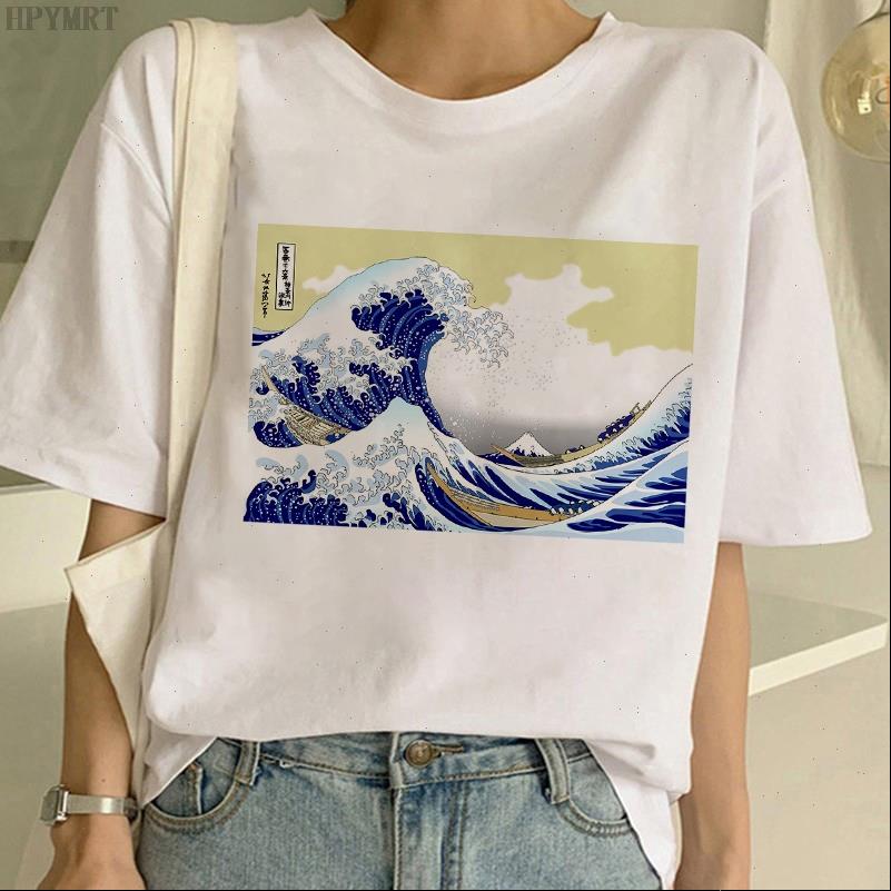 

ocean wave print harajuku aesthetic women t shirt japanese style fashion oversized summer tee, White