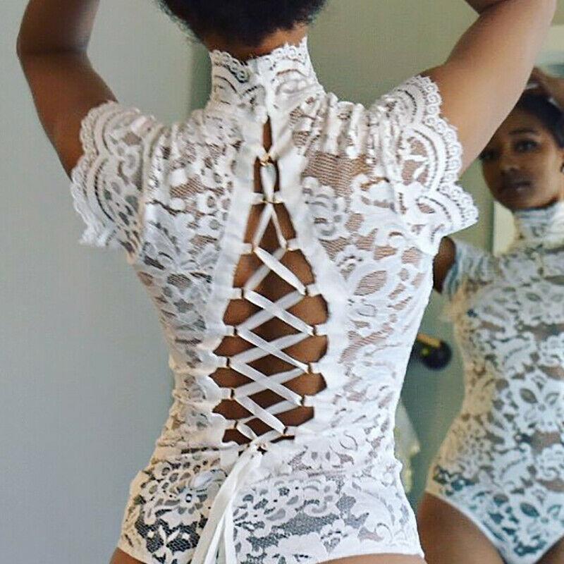

One-Piece Suits Women Ladies Sexy Floral Lace Turtleneck Hollow Out Up Slim Fit Skinny Backless Bandage White/Black Bodysuits Leotard