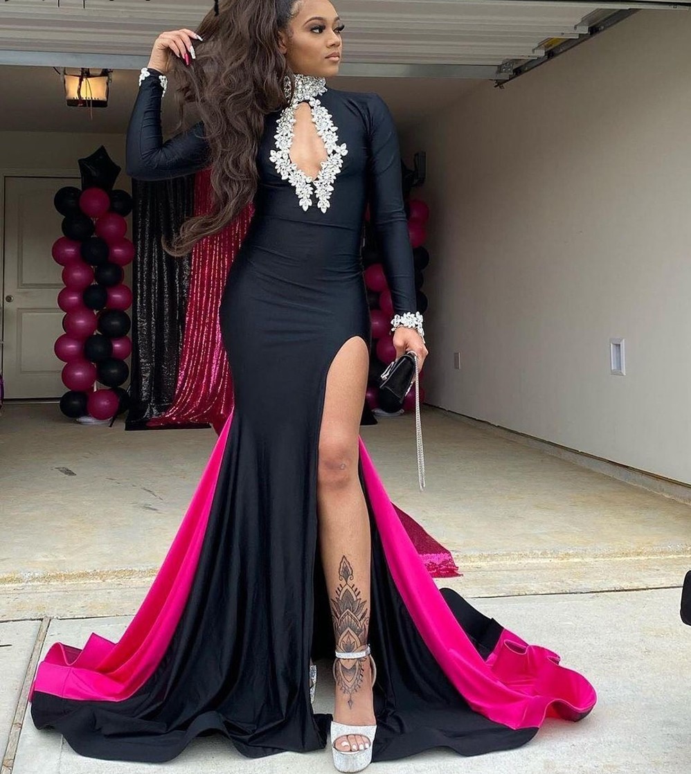 

Black Fuchsia Mermaid Long Evening Dresses 2022 Crystal High Neck Split African Dubai Prom Formal Gowns Vestidos Robe De Soiree, Chocolate