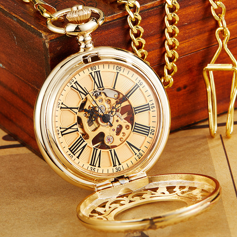 

Antique Gold Mechanical Pocket Watch With Chain Steampunk Skeleton Hollow Hand-winding Pendant Clock Men Women Gold Bronze Gift, Gold pocket watch
