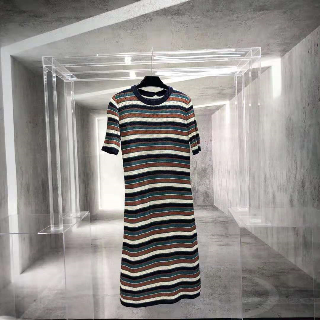 

Luxury design spring and summer contrast knitted stripe round neck dress casual fashion show thin, Picture color