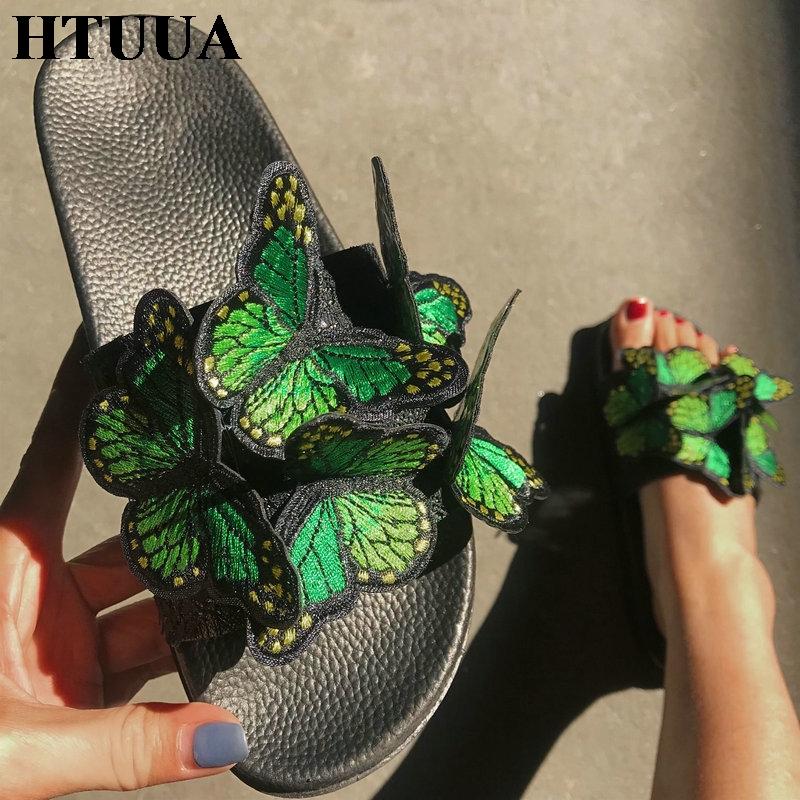 

Slippers HTUUA Fashion 3D Embroidery Butterfly Flat Women Summer Slides Ladies Shoes Outside Casual Beach Flip Flops SX3810, Black