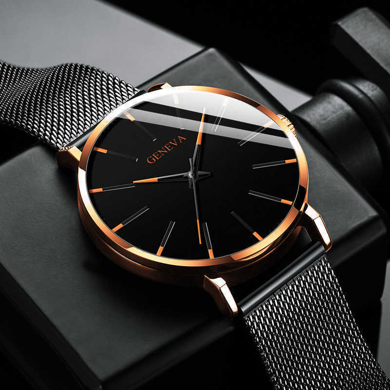 

Mens Fashion Minimalist Watches Luxury Ultra Thin Stainless Steel Mesh Belt Quartz Watch Rose Gold Men Watch Gifts Reloj Hombre, L brown white