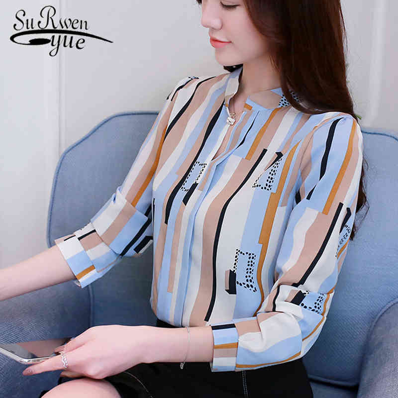 

Chiffon women' top shirts long sleeved woman tops and blouses fashion striped V collar office lady feminine blusa 0953 40 210521, Pink
