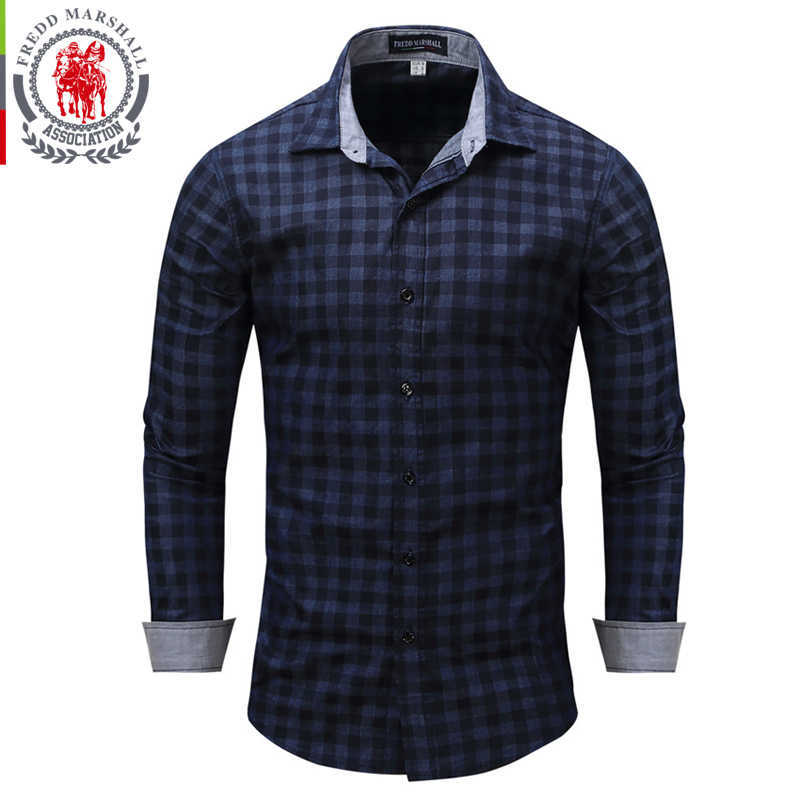 

FREDD MARSHALL Spring Shirt Men Long Sleeves Mens Shirts Plaid Cotton Camisa masculina EU Size M-XXXL Camisas para hombre 086 210527, Dark blue
