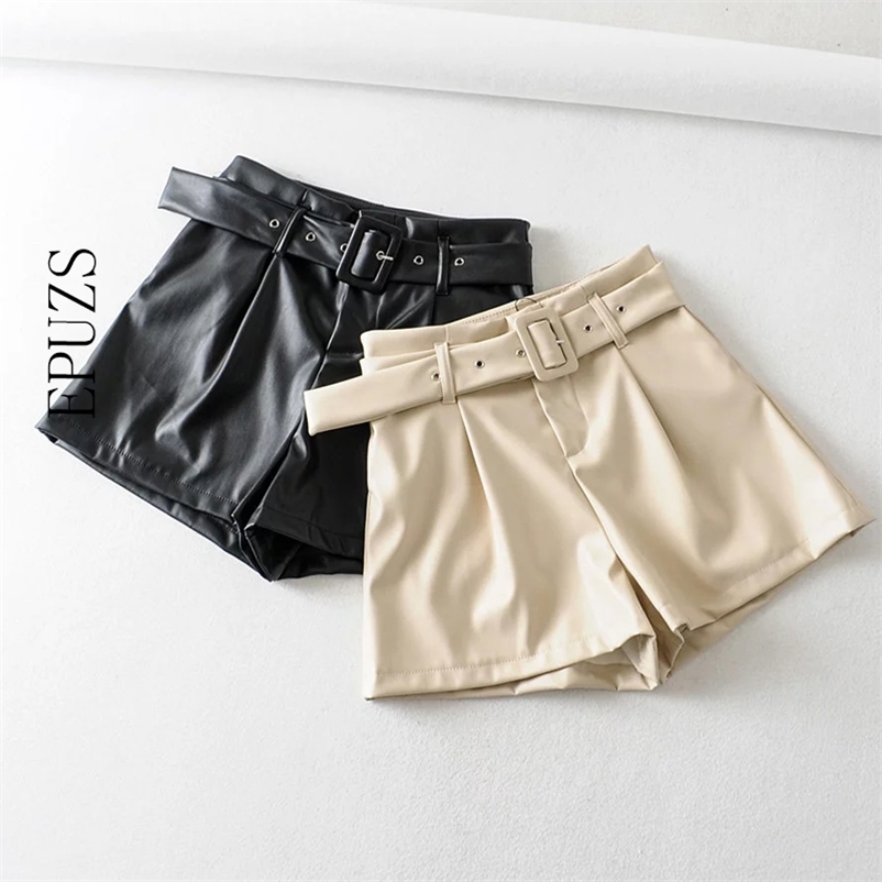 

women belt leather shorts Casual black mini Shorts Women biker High Waist fashion streetwear ladies 210521, Beige
