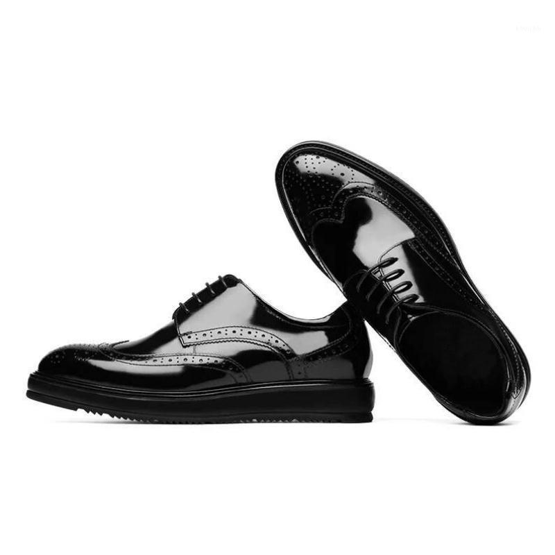 

Genuine Leather Business Casual Men Shoes Thick Soles Height Increase Mens Office Work Trendy Carving Wedding Dress, Black