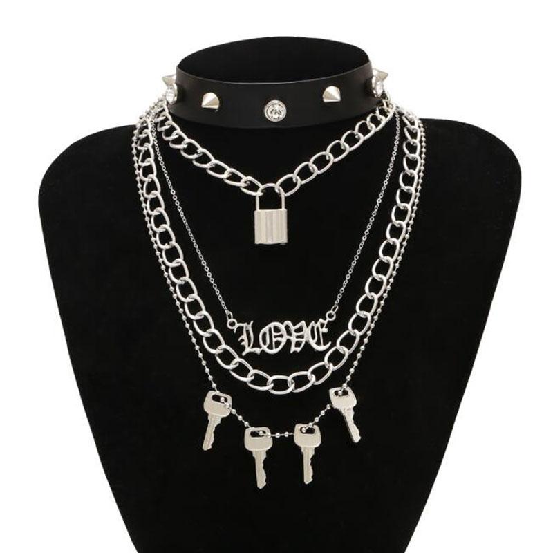 

Aesthetic Multi-Layers Padlock Love Key Pendant Necklace For Women Girls Gothic Spike Rivets Leather Choker Egirl Accessories Necklaces, Silver