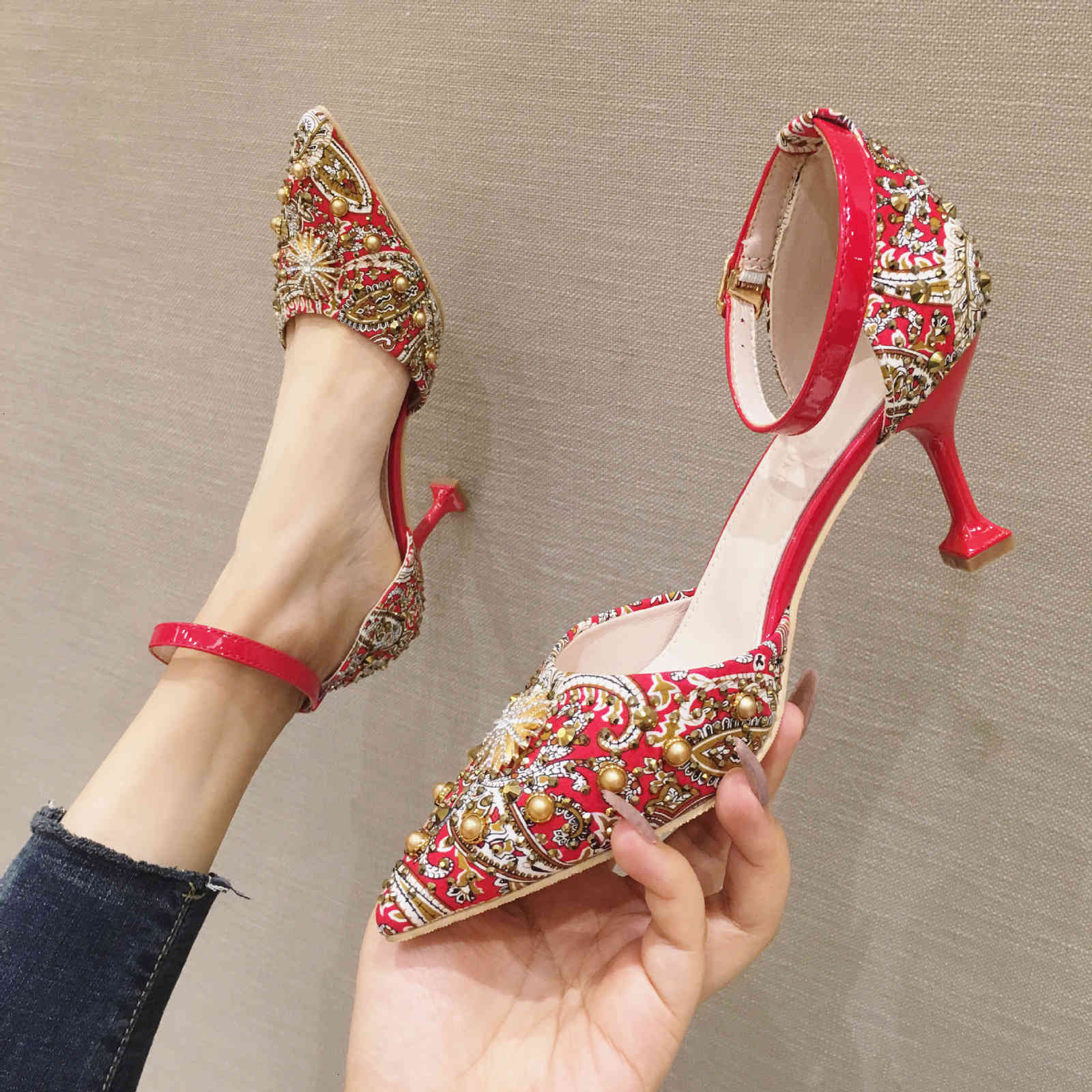 

wedding Xiuhe shoes Dress Shoes summer red high heels women's thin heel shallow mouth hollow single small flower 1688-2 50IW, 1# shoe box
