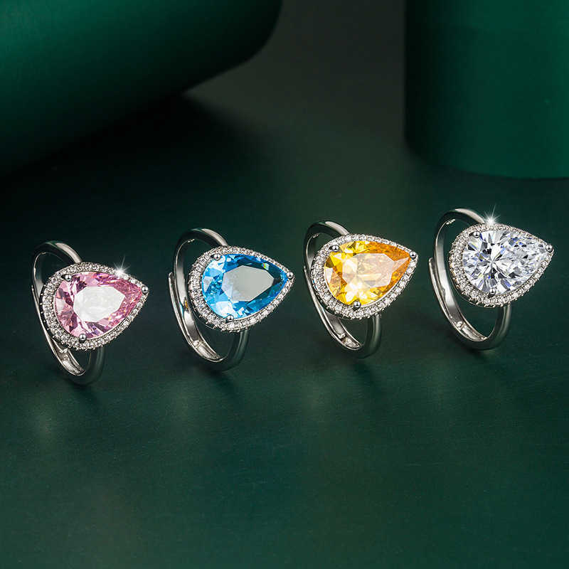 

Jewelry pear shaped water drop ring inlaid with yellow powder blue zircon ring fashion opening ring