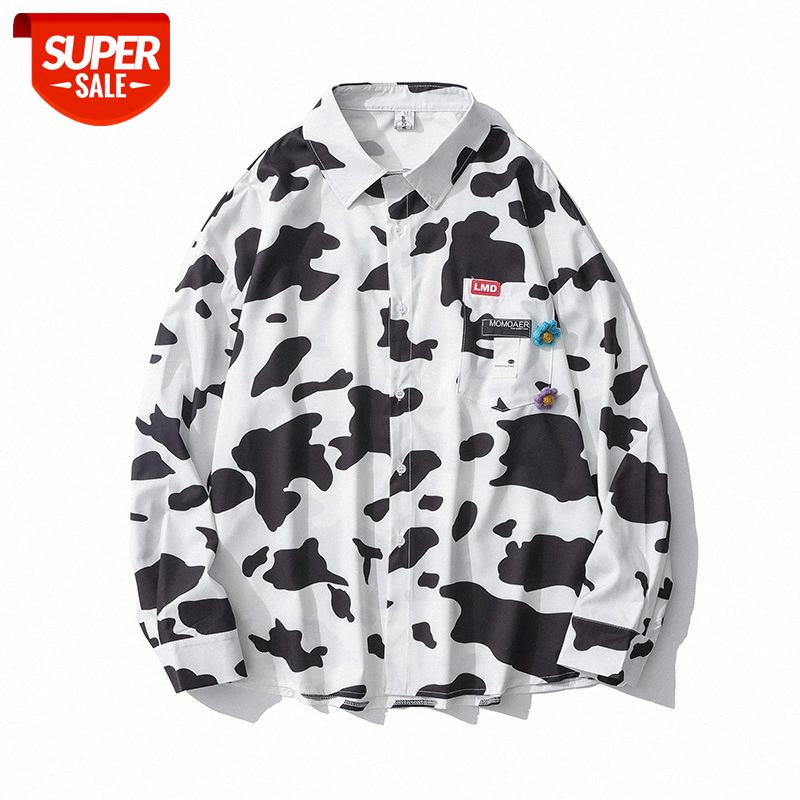 

Cow spots decorated men's and women's shirts long-sleeved lazy style BF loose casual mid-length shirt jacket #iy77, White;black