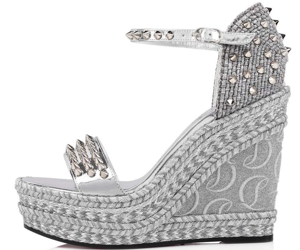 

2022 New Summer Red Bottom Madmonica Sandals Women Shoes Famous Comfort Wedge Heels Ankle Studs Perfect Red-sole Party Black Wedding shoe EU 35-44, 10