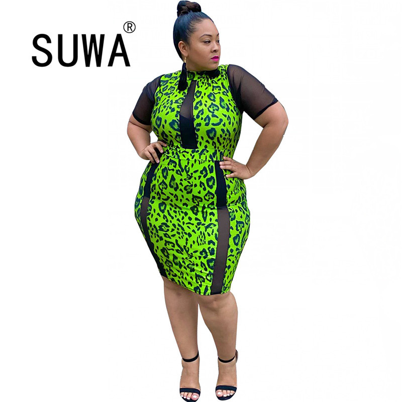 

Wholesale Plus Size Clothing Sexy Dresses Party Night Club Women Green Leopard Boho Work Summer 210525