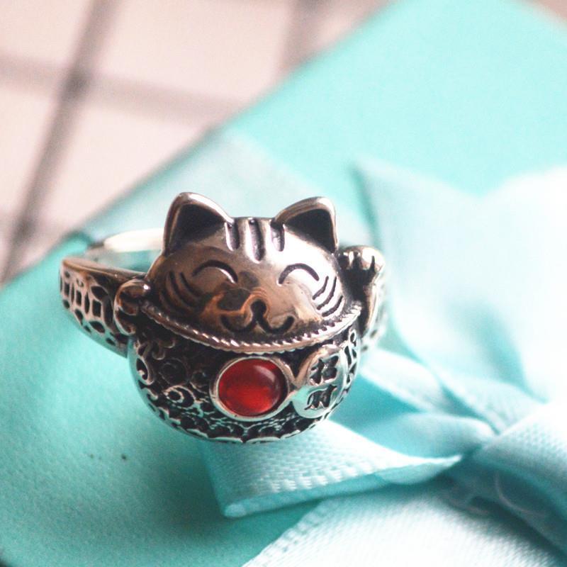 

Original Design Lucky Cat Thai Silver Opening Adjustable Ring Chinese Style Retro Culture Light Luxury Charm Jewelry Cluster Rings