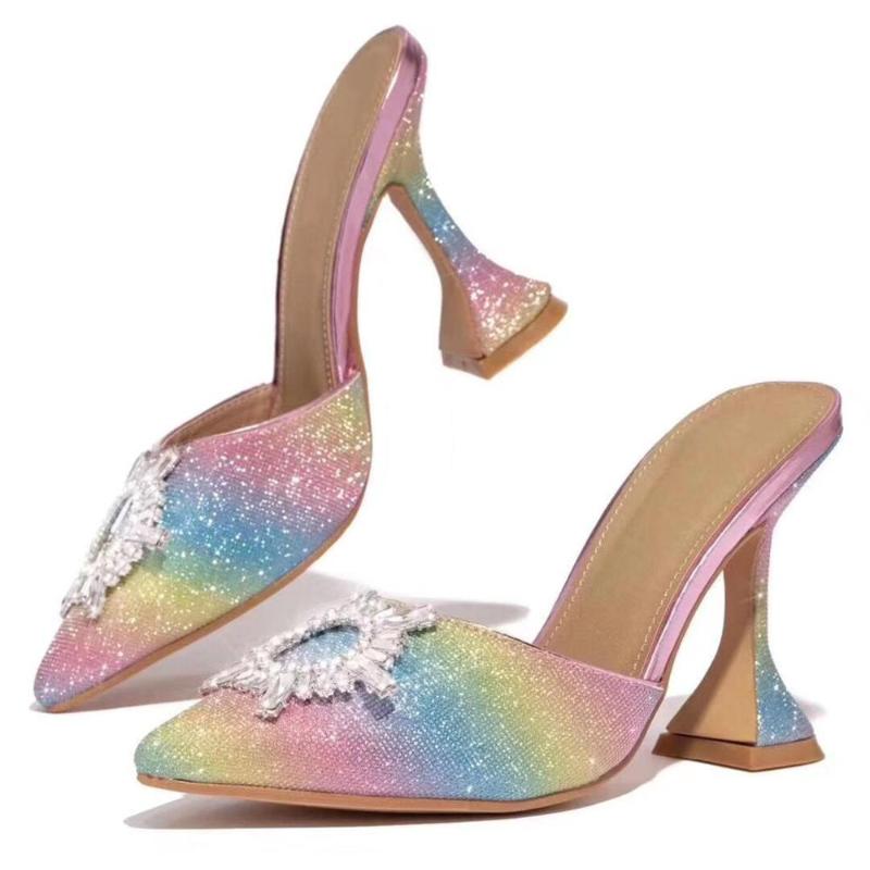 

Sandals Fashion Women Rainbow Glitter Crystal Bow Point Toe High Heels Shoes 10cm Brand, As pic