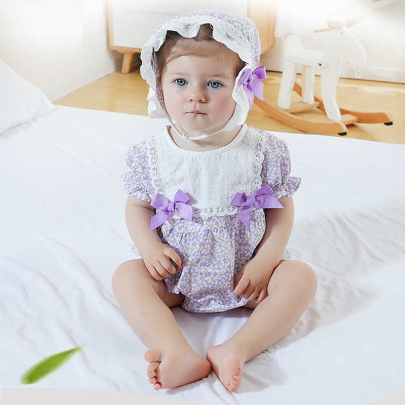 

2Pcs Baby Floral Princess Romper Toddler Girl 1st Birthday Party Outfits Infant Korean Vintage with Hat born Bodysuit 210615, Lavender