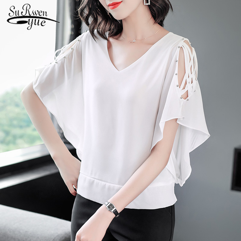 

Fashion Woman Blouses Summer Chiffon Blouse Solid V-neck Tops Plus Size Butterfly White Clothes Blusas 9178 50 210521, Black