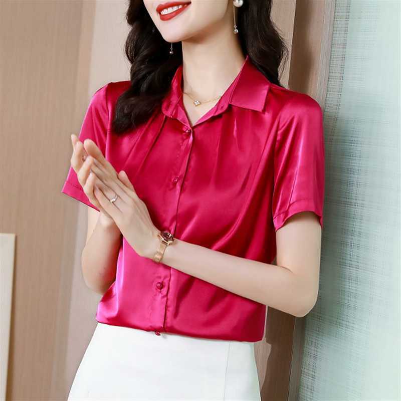 

Women' Shirt Solid Satin Blouses for Women Button Up Short Sleeve Shirts Fashion Woman Polo Neck Red Basic Blouse 210604, Dark green