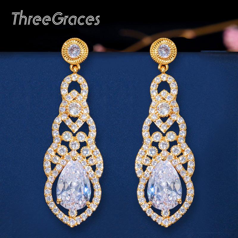 

Dangle & Chandelier ThreeGraces Elegant African Gold Clear Crystal Big Teardrop Long Bridal Wedding Earrings For Women Fashion Jewelry ER377, Silver