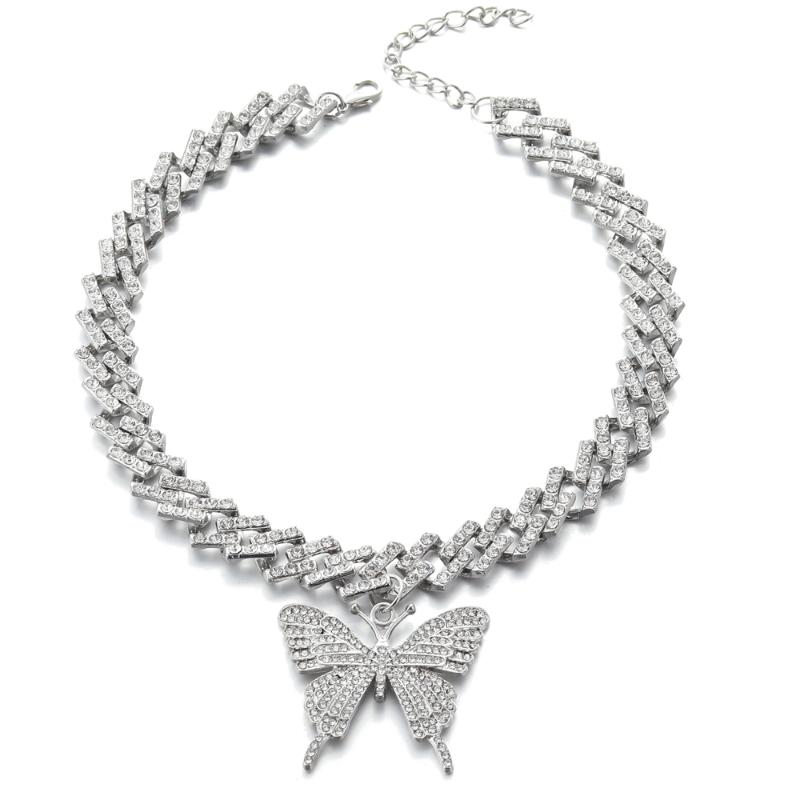 

Chokers Big Butterfly Necklace Pendent Cuban Link Chain For Women Iced Out Rhinestone Choker Bling Hip Hop Jewelry Accessories