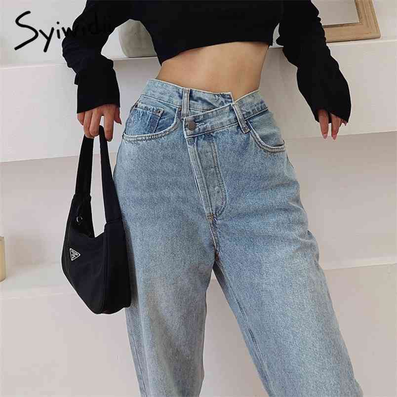 

Syiwidii Irregular High Waisted Mom Jeans for Women Straight Street Full Length Denim Pants Clothes Fashion Spliced 210708, Blue