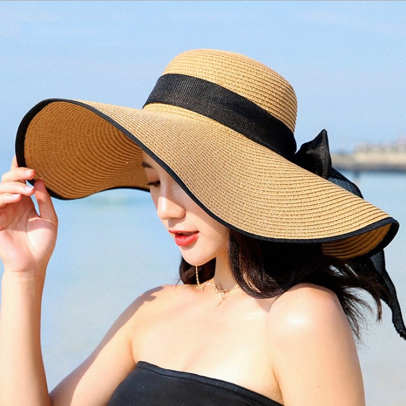 

Summer Big Brim Straw Hat soft wide brimmed beach folding sun hats bow new fashion women's festival hat trilby cap c5wi#, Blue;gray