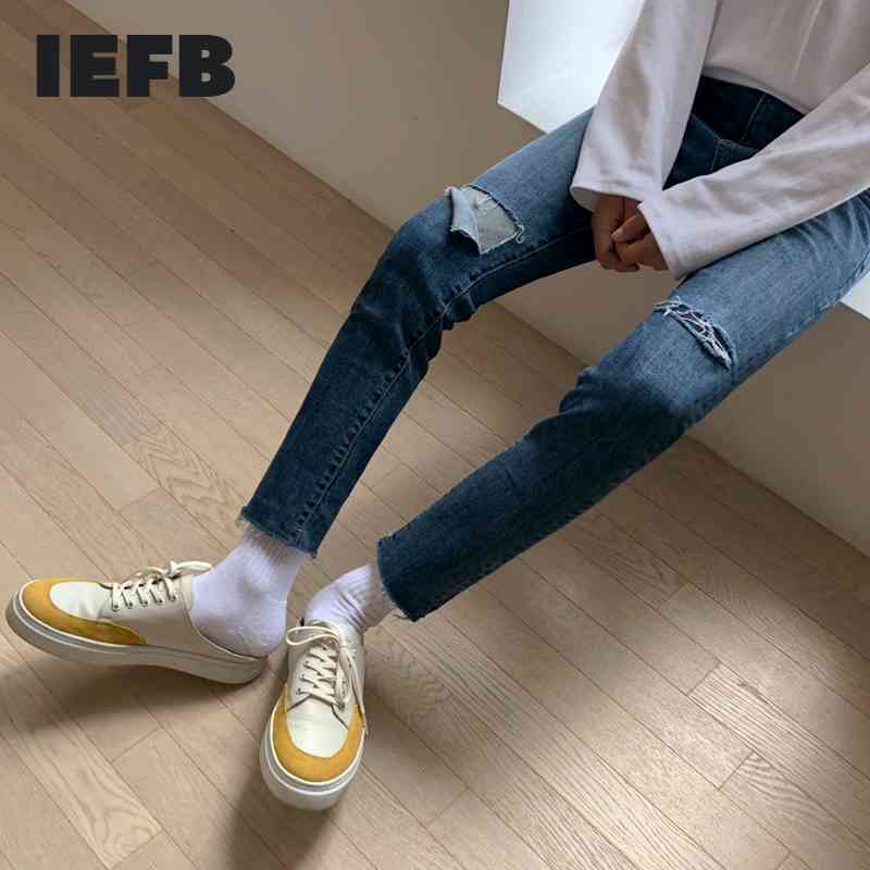 

IEFB Men's Mid-rise Jeans Korean Slim Straight Denim Trousers Knee Hole Pants Man's Fashion Slim Beggars Leg Pants 9Y5858 210524, Blue