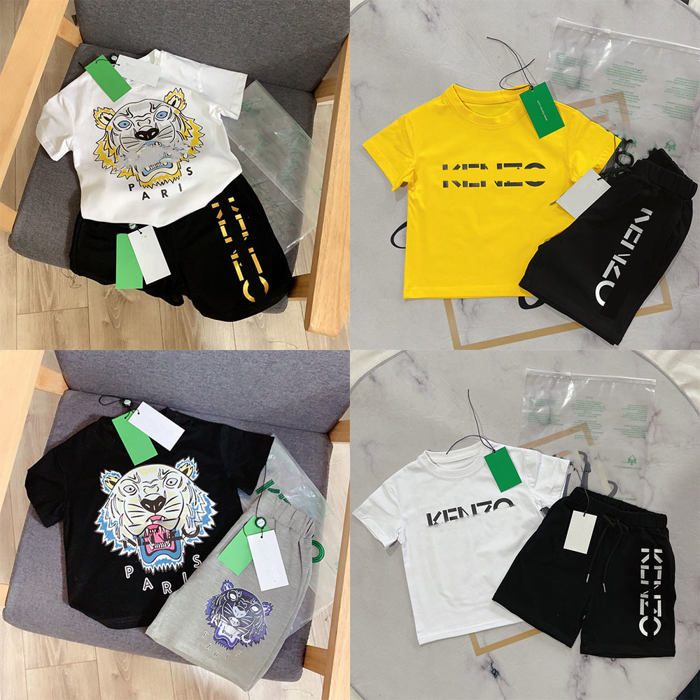 

luxe merk kid sets ken and zo boy shortset cotton Designers Clothes Kids tiger head embroidered T-shirt 90 shorts two piece suit latest baby clothing, White