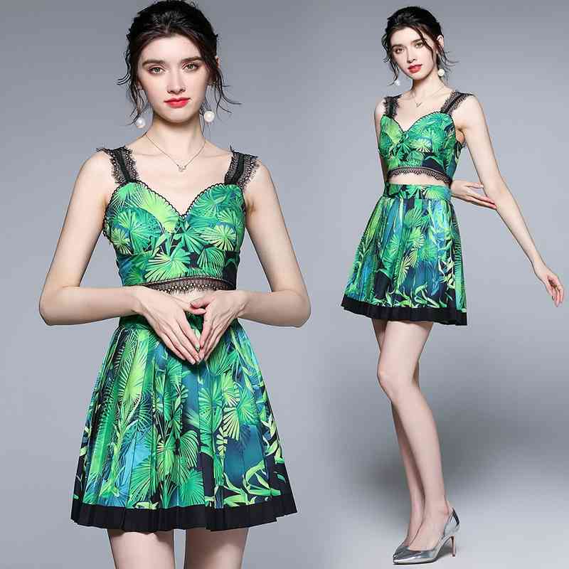 

Banulin Bohemian Vacation Beach 2pcs Set Women Floral Printed Strapless Crop Tops And High Waist Pleated Mini Skirt Suit N66835 210603, Red