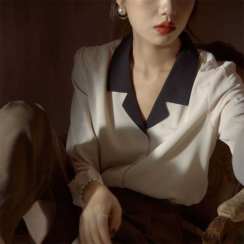 

Arrival Spring Korea Fashion Women Long Sleeve Loose Chiffon Shirts Notched Collar Office Lady Vintage Blouses V89 210608, Beige