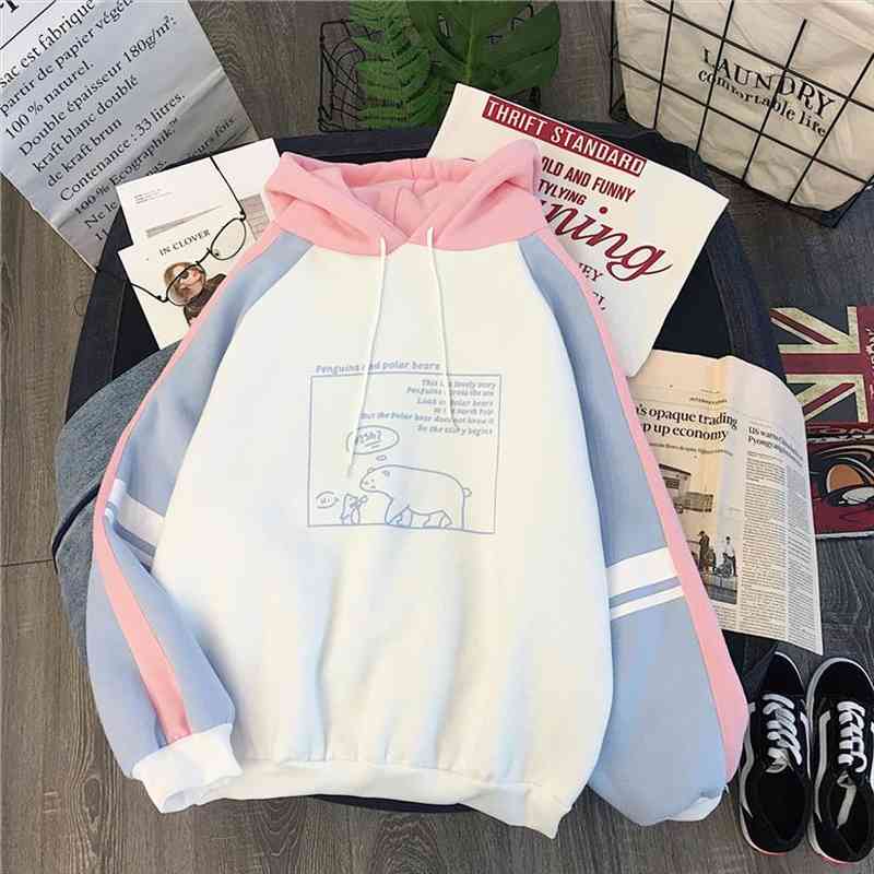 

cute print hoodie women sweater sweatshirt autumu streetwear long sleeve hoodies pullover girls oversize color patchwork, White;black