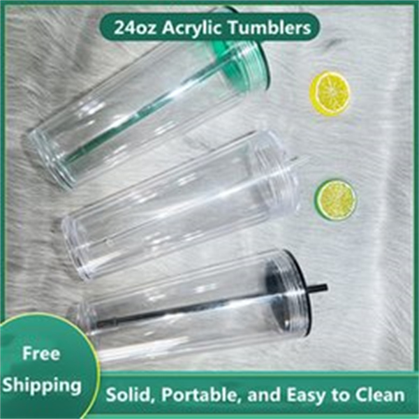 

Clear 24oz 16oz Plastic Flat Lid Tumblers DIY Acrylic Water Bottles with Straw Double Walled Coffee Mugs Reusable Portable 710ml 500ml Transparent PS Drinking Cups